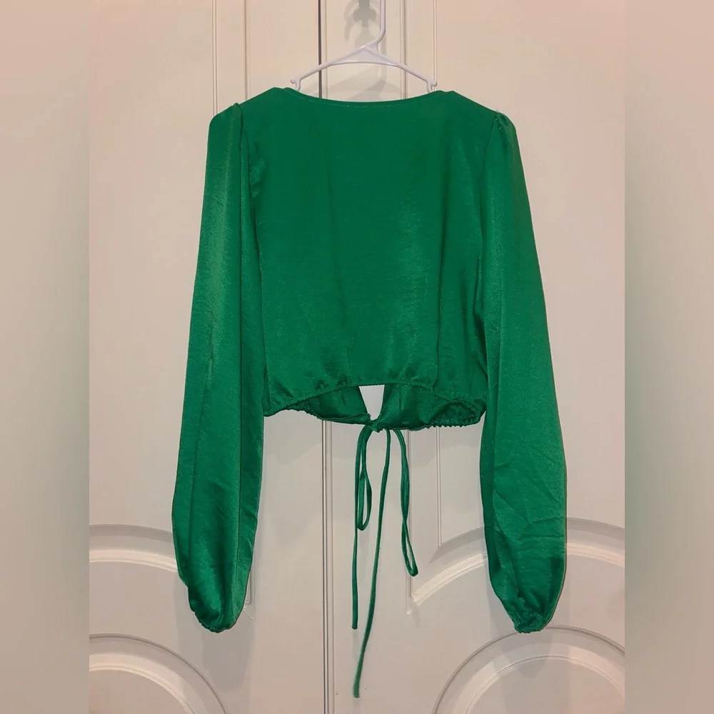 Lulus green satin long sleeve wrap crop top blouse with v neck - Picture 6 of 6